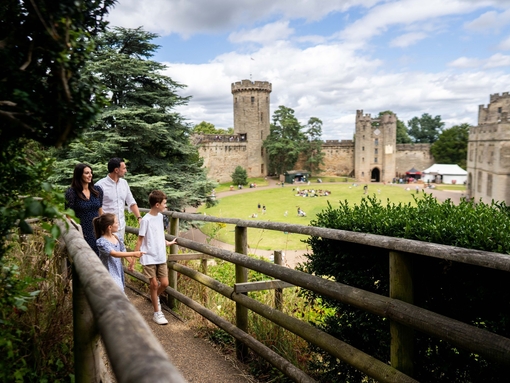 Family walking and exploring the grounds of a castle