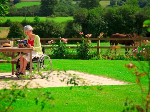 Female wheelchair user sat in the garden, reading