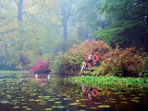 Two men on the swimming platform of a lake in an autumnal setting