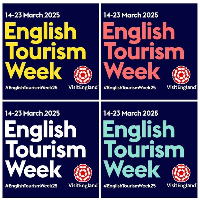 Image collage with English Tourism Week 2025 Logos in different colours
