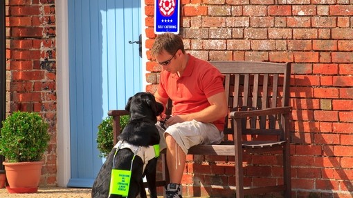 A man sat on a bench outside with his assistance dog