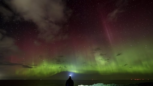 Man looking at northern lights at night