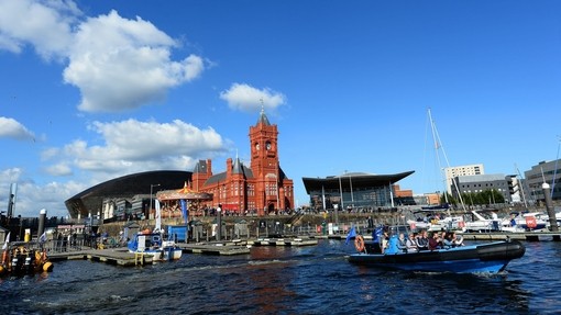 A view from the sea across Cardiff Bay in Wales.