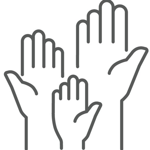 black and white line drawing of three raised hands