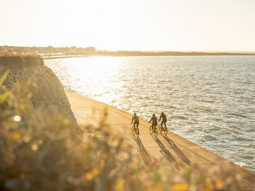 Three cyclists on a coastal path during sunset