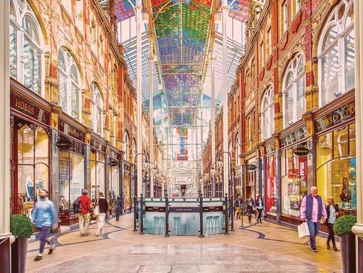 A view down a shopping street in Leeds' historic Victoria Quarter