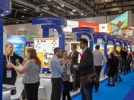 Visitors on the show floor of World Travel Market 2022 in London's Excel