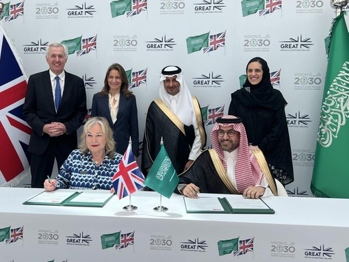 VisitBritain Chairman Nick de Bois; UK Culture Secretary Lucy Frazer MP His Excellency The Minister of Tourism Ahmed Al-Khateeb; Her Highness Vice Minister of Tourism Princess Haifa Al Saud attend the signing of a Declaration of Intent between VisitBritain and the Saudi Tourism Authority at GREAT Futures.
