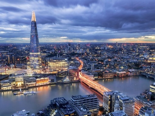 Evening panoramic view of London city skyline, Thames River, and the Shard building.
