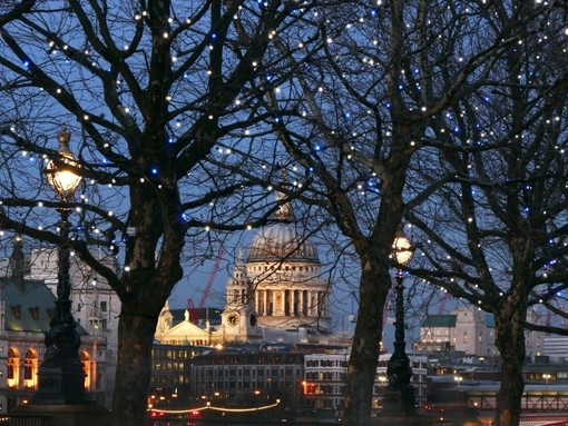 City skyline at night of a domed cathedral and other buildings with lights in the trees