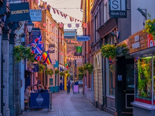 A view down a shopping street in Exeter's Castle Quarter
